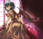  1girl amber_eyes aqua_hair bat_wings couch curtains dress eredhen glowing glowing_eyes looking_at_viewer looking_back pointy_ears puffy_short_sleeves puffy_sleeves remilia_scarlet sash short_sleeves solo touhou white_dress window wings wrist_cuffs 