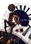  1girl absurdres brown_hair deemo deemo_(character) dress full_body girl_(deemo) hand_on_head harrymiao highres hug instrument kneeling long_hair looking_at_viewer pantyhose piano sitting song_name 