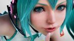  3d aqua_eyes aqua_hair finger_to_mouth hatsune_miku headphones long_hair nail_polish necktie nomura_tetsuya realistic vocaloid 