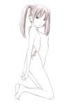  1girl barefoot monochrome original sketch solo swimsuit traditional_media twintails yoshitomi_akihito 
