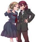  1boy 1girl androgynous blonde_hair hand_on_hip kneehighs looking_at_viewer midriff open_mouth original red_eyes redhead school_uniform simple_background smile tagme v waji_waji white_background 
