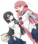  2girls akashi_(kantai_collection) black_hair blue_eyes blue_skirt dutch_angle glasses green_eyes hair_ribbon hairband kantai_collection long_sleeves looking_at_viewer multiple_girls neckerchief oluha one_eye_closed ooyodo_(kantai_collection) open_mouth payot pink_hair pleated_skirt ribbon sailor_collar school_uniform serafuku side_slit simple_background skirt white_background yawning 