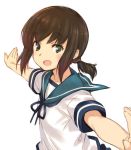  1girl :o brown_hair fubuki_(kantai_collection) green_eyes kantai_collection kawata_hisashi looking_at_viewer open_mouth outstretched_arms payot ponytail ribbon sailor_collar school_uniform serafuku solo spread_arms upper_body white_background 