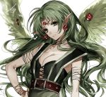  1girl belt breasts cleavage expressionless finn_fish forehead_jewel gem green_eyes green_hair hand_on_hip kamikaze_kaitou_jeanne long_hair pointy_ears solo spoilers tcb upper_body white_background wings 