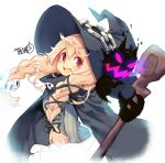 1girl blonde_hair braid chain demon hair_ornament hat iroyopon original red_eyes skull skull_hair_ornament smile staff witch witch_hat 