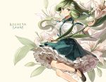  1girl character_name detached_sleeves flower frills frog_hair_ornament green_eyes green_hair hair_ornament hair_tubes japanese_clothes kochiya_sanae leaf long_hair long_sleeves looking_at_viewer miko shirt silence_girl simple_background skirt smile snake_hair_ornament solo text touhou wide_sleeves yellow_background 