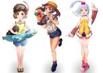  3girls apple belt blue_hair brown_eyes brown_hair detached_sleeves food french_fries fruit goggles goggles_on_head hair_bobbles hair_ornament hat highres kamogawa_shuujin looking_at_viewer multiple_girls necktie original red_eyes shoes shorts simple_background smile snorkel white_background 