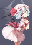  1girl bat_wings blue_hair blush bow dress gomibox hat hat_bow looking_at_viewer mob_cap open_mouth red_eyes remilia_scarlet ribbon-trimmed_sleeves ribbon_trim simple_background solo tongue tongue_out touhou wings wrist_cuffs 