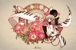  1girl back-to-back crossed_legs deemo deemo_(character) flower flower_request full_body gears girl_(deemo) instrument iralion looking_at_viewer piano roman_numerals rose signature smile yellow_eyes 
