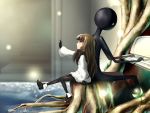  1girl ankle_boots back-to-back bakadash boots deemo deemo_(character) dress girl_(deemo) gloves instrument long_hair looking_up outstretched_arm pantyhose piano profile sitting stairs tree tree_stump water 
