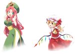  2girls ascot asymmetrical_hair blonde_hair blush bow braid chinese_clothes clover collaboration crystal dress flandre_scarlet four-leaf_clover green_eyes hair_bow hair_ornament hat hat_bow hong_meiling kuresento long_hair looking_at_another mob_cap multiple_girls open_mouth pants puffy_sleeves red_eyes redhead sash short_hair short_sleeves side_ponytail smile star touhou transparent_background twin_braids v very_long_hair vest waira wings 
