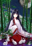  1girl alternate_costume animal bamboo bamboo_forest black_hair brown_eyes chromatic_aberration forest full_moon houraisan_kaguya japanese_clothes leaf long_hair long_sleeves looking_at_viewer moon nature night rabbit shirt sitting skirt smile sw_(2311550438) touhou very_long_hair wide_sleeves 