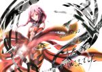  1girl bare_shoulders black_legwear breasts center_opening cleavage detached_sleeves elbow_gloves fingerless_gloves gloves guilty_crown hair_ornament hairclip highres long_hair mura_chidori navel open_mouth pink_hair red_eyes solo thigh-highs twintails yuzuriha_inori 