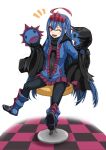  1girl blue_hair boots button_eyes hair_ornament highres hitokuirou hydreigon one_eye_closed personification pokemon puppet red_eyes scarf sitting stool tile_floor tiles winking zipper 