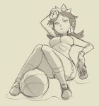  1girl 1up alternate_costume breasts crown earrings gloves highres jewelry long_hair mario_strikers_charged norasuko princess_daisy shoes shorts sitting sneakers socks solo wiping_sweat 