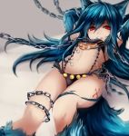  1girl animal_ears arms_behind_head bikini black_bikini blue_hair bow chain clenched_teeth creator_connection eru_(clover_2005) fenrir_(granblue_fantasy) fur granblue_fantasy long_hair lying navel on_back red_eyes solo swimsuit tail tattoo tied_up wince wolf_ears wolf_tail 