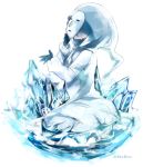  1girl blue cloak crystal deemo fukiyu_(fhxyhky) gloves holding hood kneeling mask masked_lady_(deemo) solo tears 
