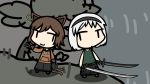  2girls alternate_costume cat_ears chen chibi claws dual_wielding eeveeheart151 gensokyo_apocalypse hoodie katana konpaku_youmu piercing single_earring sweater sword tagme touhou walfas weapon 