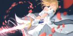  1girl bare_shoulders blonde_hair ciciliu detached_sleeves dress excalibur fate/unlimited_codes fate_(series) gloves glowing glowing_sword glowing_weapon hair_down long_hair petals saber saber_lily solo swinging weapon white_dress white_gloves 