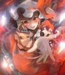  1girl ascot blonde_hair blurry bow crystal fangs flandre_scarlet glowing hat hat_bow looking_at_viewer mob_cap no-kan open_mouth outstretched_arm puffy_sleeves red_eyes shirt short_hair short_sleeves side_ponytail skirt skirt_set smile solo touhou wings 