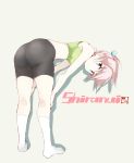  1girl ass bending_forward bike_shorts blue_eyes casual character_name expressionless from_behind hair_ornament kantai_collection looking_at_viewer pink_hair ponytail shiranui_(kantai_collection) short_hair simple_background socks solo souji sports_bra stretch white_legwear 
