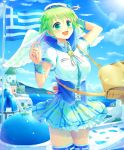  1girl angel_wings green_eyes green_hair hat original sakakidani school_uniform serafuku short_hair solo wings 