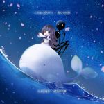  1girl brown_hair deemo deemo_(character) dress flower girl_(deemo) holding itto_(m2f_slide) petals riding sky smile water whale 