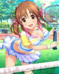  1girl :d ball breasts brown_eyes brown_hair cleavage hair_ribbon holding idolmaster idolmaster_cinderella_girls jewelry large_breasts leaning_forward lens_flare looking_at_viewer necklace open_mouth pleated_skirt racket ribbon skirt smile solo sparkle striped tennis_ball tennis_racket totoki_airi tree twintails 