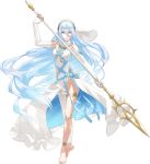  1girl aqua_(fire_emblem_if) blue_hair dress elbow_gloves fire_emblem fire_emblem_if gloves hair_between_eyes hairband highres intelligent_systems jewelry kozaki_yuusuke long_hair looking_at_viewer necklace nintendo panties polearm ribbon spear underwear veil very_long_hair weapon white_panties yellow_eyes 