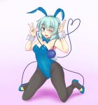  1girl animal_ears aqua_eyes bare_arms bare_shoulders black_legwear bunny_girl bunnysuit detached_collar double_v fake_animal_ears gomi_(gomitin) heart heart_of_string kneeling komeiji_koishi leotard one_eye_closed open_mouth pantyhose rabbit_ears silver_hair smile solo third_eye touhou v wrist_cuffs 