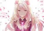  1girl crying fate/stay_night fate_(series) flower hair_ornament illyasviel_von_einzbern kinokohime_(mican02rl) long_hair looking_at_viewer open_mouth petals red_eyes solo white_hair 