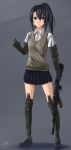  1girl android black_eyes black_hair dreadtie gun highres original ponytail school_uniform solo weapon 