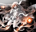  1girl anchorage_water_oni black_hair dress grey_hair highres horns kantai_collection long_hair orange_eyes otani_(gloria) shinkaisei-kan solo very_long_hair white_dress white_skin 