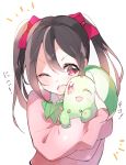  1girl atsumi_jun black_hair chikorita crossover hair_ribbon hug leaf love_live!_school_idol_project one_eye_closed open_mouth pokemon pokemon_(creature) red_eyes ribbon school_uniform twintails upper_teeth wink yazawa_nico 