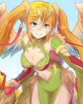  1girl breasts chinese_clothes cleavage cleavage_cutout green_eyes highres leiran_(p&amp;d) long_hair puzzle_&amp;_dragons smile sword twintails weapon wings zarigani_tarou 