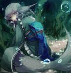  1girl back blue_eyes blue_hair bow bubble frills head_fins japanese_clothes kimono long_sleeves looking_at_viewer looking_back mermaid monster_girl no-kan obi ribbon sash sitting solo string touhou underwater wakasagihime wide_sleeves 