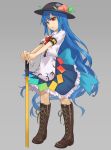  1girl blue_hair boots bowtie food fruit full_body grey_background hat hinanawi_tenshi kurione_(zassou) leaf long_hair looking_at_viewer open_mouth peach puffy_sleeves red_eyes shirt short_sleeves simple_background skirt solo sword_of_hisou touhou very_long_hair 