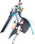  1girl aqua_hair boots chaos_online fang full_body highres huge_weapon love_cacao mazenda_(chaos_online) official_art open_mouth pleated_skirt simple_background skirt solo stuffed_animal stuffed_toy teddy_bear teddy_bear_hair_ornament transparent_background violet_eyes weapon 