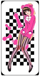  a_fa animal_ears bear_ears black_border black_hair border checkered checkered_background chess_piece eyeliner higashikata_daiya hood jojo_no_kimyou_na_bouken jojolion makeup striped striped_legwear 