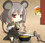  2girls animal_ears blonde_hair chibi chopsticks eating food food_in_mouth food_on_face grey_hair kuromochi_(qkbhf073) long_sleeves mouse_ears mouse_tail multiple_girls nazrin o_o open_mouth short_hair sitting tail touhou |_| 