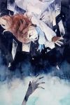  1girl brown_hair deemo deemo_(character) falling girl_(deemo) glass_shards highres long_hair mukai_nemui reaching tears traditional_media watercolor_(medium) 