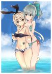  2girls bikini blonde_hair brown_eyes frilled_bikini frills grey_hair hairband harenchi kantai_collection long_hair multiple_girls ponytail shimakaze_(kantai_collection) swimsuit yuubari_(kantai_collection) 