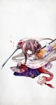  1girl brown_hair deemo fan girl_(deemo) hakama highres japanese_clothes katana looking_at_viewer official_art pale_skin serious solo sword weapon 
