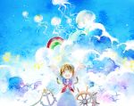  anchor arms_up bird braid brown_hair clouds deemo girl_(deemo) jellyfish looking_at_viewer musical_note rue_(wyha666) sailor smile twin_braids 