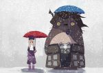  1girl berserker blush_stickers coat fate/stay_night fate_(series) hat illyasviel_von_einzbern long_hair nanaya_(daaijianglin) parody red_eyes scarf smile snow tonari_no_totoro totoro umbrella white_hair 