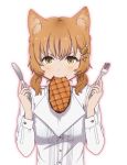  1girl animal_ears boned_meat brown_hair dog_ears fang food food_in_mouth fork hair_ornament hairclip knife mattaku_mousuke meat original simple_background white_background yellow_eyes 