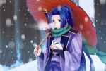  1boy assassin_(fate/stay_night) blue_hair fate_(series) japanese_clothes kamehima long_hair ponytail snow snow_bunny solo sword umbrella weapon 