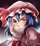  1girl ascot bat_wings blue_hair bored hand_on_own_face hat lipstick makeup raised_eyebrow red_eyes remilia_scarlet ribbon tasselcat to_the_fore touhou wings wristband 