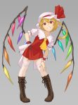  1girl ascot asymmetrical_hair blonde_hair boots bow crystal flandre_scarlet full_body grey_background hat hat_bow kurione_(zassou) looking_at_viewer mob_cap pose puffy_sleeves red_eyes shirt short_hair short_sleeves side_ponytail simple_background skirt skirt_set smile solo teeth thigh-highs touhou vest white_legwear wings wrist_cuffs zettai_ryouiki 