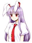  1girl :3 animal_ears blush carrot collared_shirt highres itou_yuuji long_hair looking_at_viewer necktie nervous open_mouth purple_hair rabbit_ears red_eyes reisen_udongein_inaba shirt smile solo tie_clip touhou tsurime upper_body white_background 